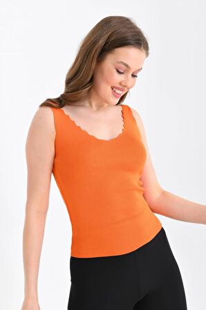 Askılı Merdiven Desenli Kadın Hardal Crop Triko Bluz