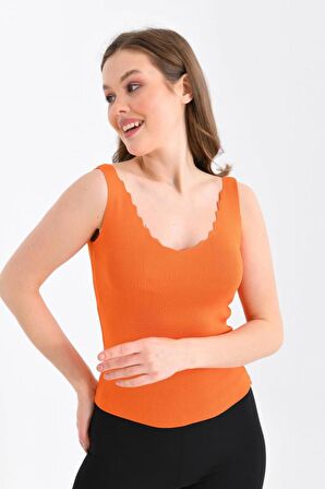 Askılı Merdiven Desenli Kadın Hardal Crop Triko Bluz