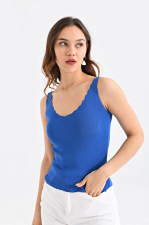 Askılı Merdiven Desenli Kadın Mavi Crop Triko Bluz