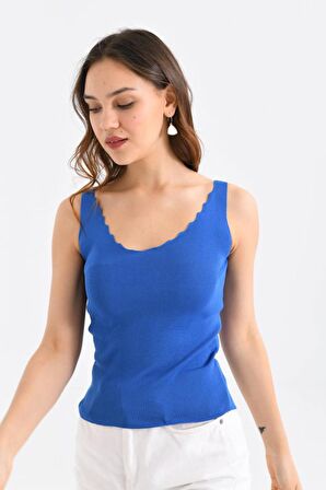 Askılı Merdiven Desenli Kadın Mavi Crop Triko Bluz