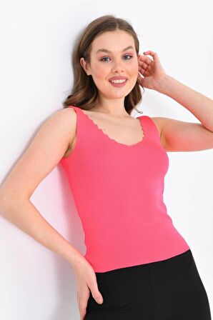 Askılı Merdiven Desenli Kadın Pembe Crop Triko Bluz