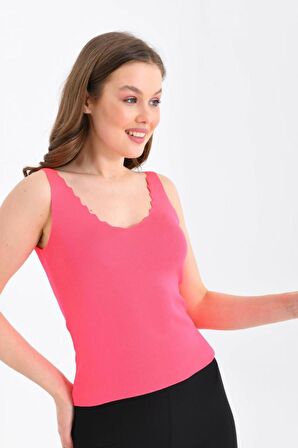 Askılı Merdiven Desenli Kadın Pembe Crop Triko Bluz