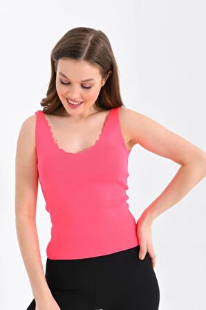 Askılı Merdiven Desenli Kadın Pembe Crop Triko Bluz