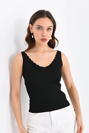 Askılı Merdiven Desenli Kadın Siyah Crop Triko Bluz