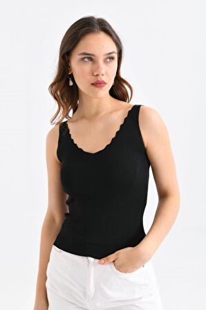 Askılı Merdiven Desenli Kadın Siyah Crop Triko Bluz