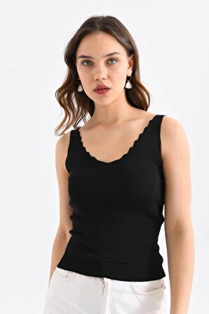 Askılı Merdiven Desenli Kadın Siyah Crop Triko Bluz