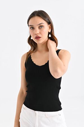 Askılı Merdiven Desenli Kadın Siyah Crop Triko Bluz