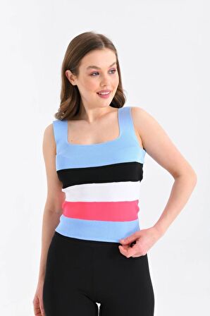Askılı ve Çizgli Crop Triko Bebe Mavi Kadın Bluz