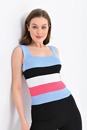 Askılı ve Çizgli Crop Triko Bebe Mavi Kadın Bluz