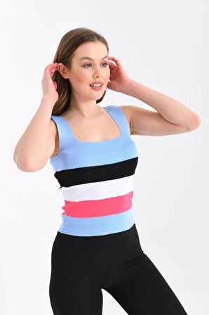 Askılı ve Çizgli Crop Triko Bebe Mavi Kadın Bluz