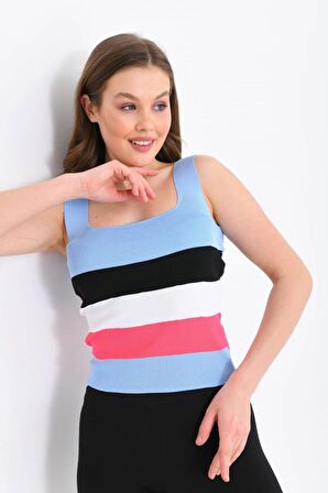 Askılı ve Çizgli Crop Triko Bebe Mavi Kadın Bluz