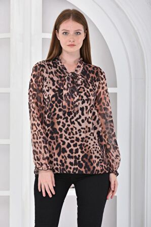 Modkofoni Leopar Desenli Astarlı Kahverengi Tül Kadın Bluz