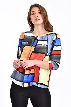 Modkofoni Bisiklet Yaka Taş Detaylı Kısa Kollu Renkli Kadın Bluz