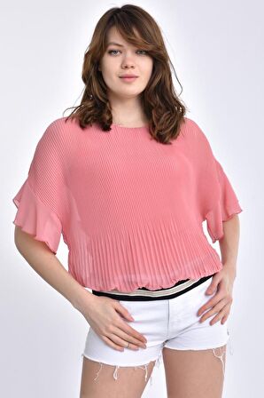 Modkofoni Bisiklet Yaka Pileli ve Biyeli Kısa Kollu Pudra Kadın Bluz