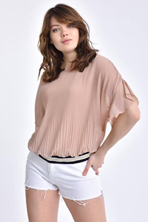 Modkofoni Bisiklet Yaka Pileli ve Biyeli Kısa Kollu Vizon Kadın Bluz