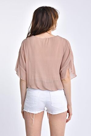 Modkofoni Bisiklet Yaka Pileli ve Biyeli Kısa Kollu Vizon Kadın Bluz