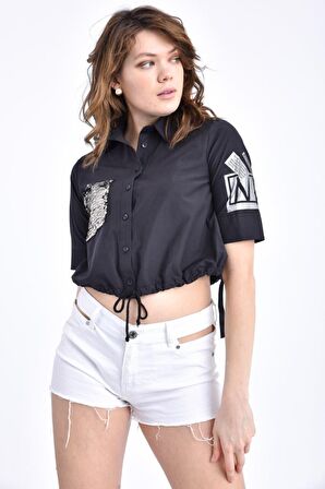 Modkofoni Kısa Kollu Pul ve Baskılı Bağcıklı Siyah Kadın Bluz