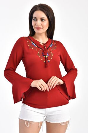 Modkofoni V Yaka Nakışlı Volen Uzun Kollu Bordo Kadın Bluz