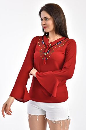 Modkofoni V Yaka Nakışlı Volen Uzun Kollu Bordo Kadın Bluz