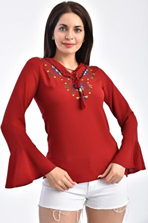 Modkofoni V Yaka Nakışlı Volen Uzun Kollu Bordo Kadın Bluz