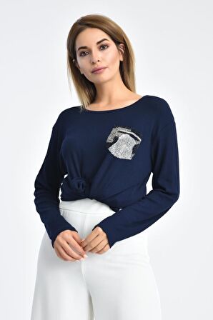 Modkofoni Bisiklet Yaka Uzun Kollu Taşlı Lacivert Triko Kadın Bluz