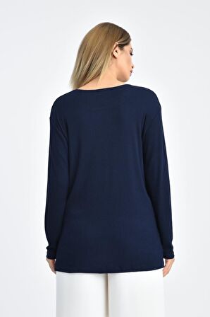 Modkofoni Bisiklet Yaka Uzun Kollu Taşlı Lacivert Triko Kadın Bluz