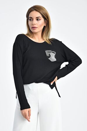 Modkofoni Bisiklet Yaka Uzun Kollu ve Taşlı Siyah Triko Kadın Bluz
