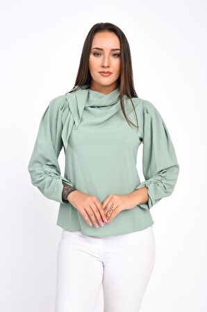Modkofoni Fular Detaylı Uzun Kollu Mint Yeşil Kadın Bluz