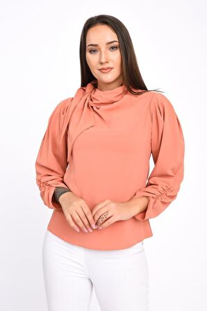 Modkofoni Fular Detaylı Uzun Kollu Somon Kadın Bluz