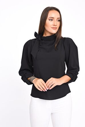 Modkofoni Fular Detaylı Uzun Kollu Siyah Kadın Bluz