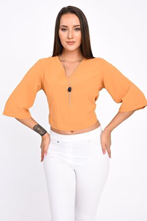 Modkofoni V Yaka Takı ve Sırt Detaylı Uzun kollu Hardal Kadın Bluz