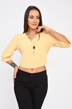 Modkofoni V Yaka Takı ve Sırt Detaylı Uzun kollu Sarı Kadın Bluz