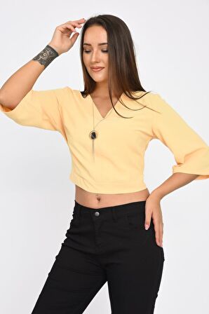 Modkofoni V Yaka Takı ve Sırt Detaylı Uzun kollu Sarı Kadın Bluz