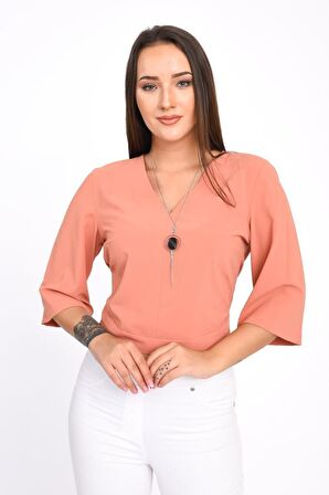 Modkofoni V Yaka Takı ve Sırt Detaylı Uzun kollu Somon Kadın Bluz