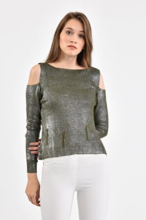Modkofoni Kayıkçı Yaka Zincir Örme Omuz Detaylı Haki Triko Kadın Bluz
