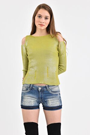 Modkofoni Kayıkçı Yaka Zincir Örme Omuz Detaylı Yeşil Triko Kadın Bluz