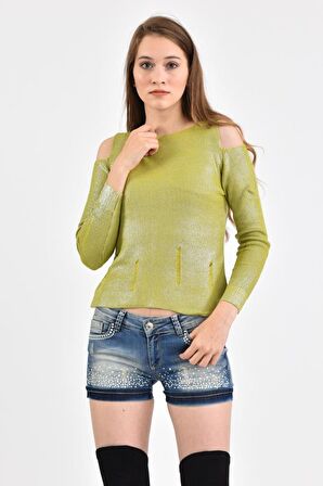 Modkofoni Kayıkçı Yaka Zincir Örme Omuz Detaylı Yeşil Triko Kadın Bluz
