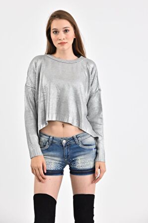 Modkofoni Bisiklet Yaka Düz Örme Kısa Gri Triko Kadın Bluz