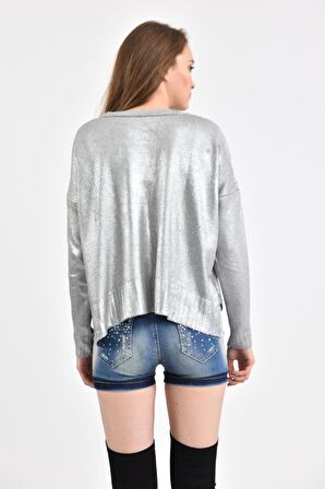 Modkofoni Bisiklet Yaka Düz Örme Kısa Gri Triko Kadın Bluz