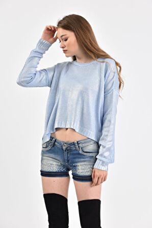 Modkofoni Bisiklet Yaka Düz Örme Kısa Mavi Triko Kadın Bluz