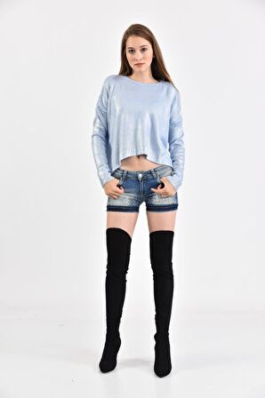 Modkofoni Bisiklet Yaka Düz Örme Kısa Mavi Triko Kadın Bluz