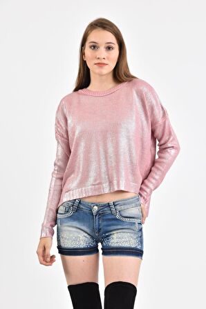 Modkofoni Bisiklet Yaka Düz Örme Kısa Pudra Triko Kadın Bluz