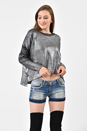 Modkofoni Bisiklet Yaka Düz Örme Kısa Siyah Triko Kadın Bluz
