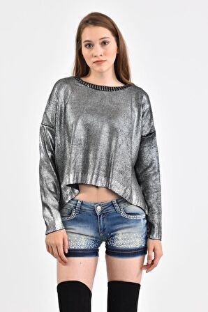 Modkofoni Bisiklet Yaka Düz Örme Kısa Siyah Triko Kadın Bluz