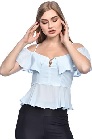 Modkofoni Askılı Düşük Kollu Volenli ve Düğmeli Kısa Buz Mavi Kadın Bluz