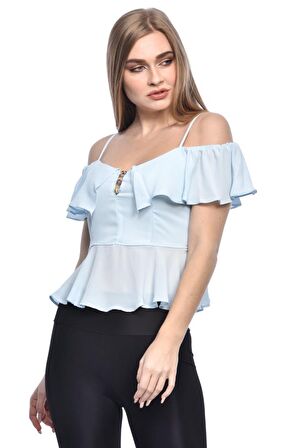 Modkofoni Askılı Düşük Kollu Volenli ve Düğmeli Kısa Buz Mavi Kadın Bluz