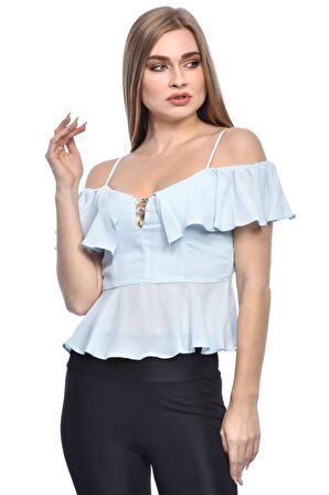 Modkofoni Askılı Düşük Kollu Volenli ve Düğmeli Kısa Buz Mavi Kadın Bluz