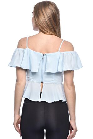 Modkofoni Askılı Düşük Kollu Volenli ve Düğmeli Kısa Buz Mavi Kadın Bluz