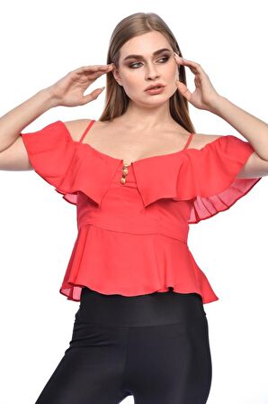 Modkofoni Askılı Düşük Kollu Volenli ve Düğmeli Kısa Fuşya Kadın Bluz