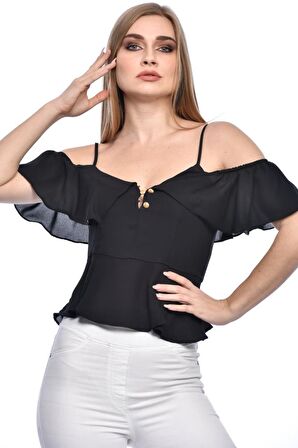 Modkofoni Askılı Düşük Kollu Volenli ve Düğmeli Kısa Siyah Kadın Bluz